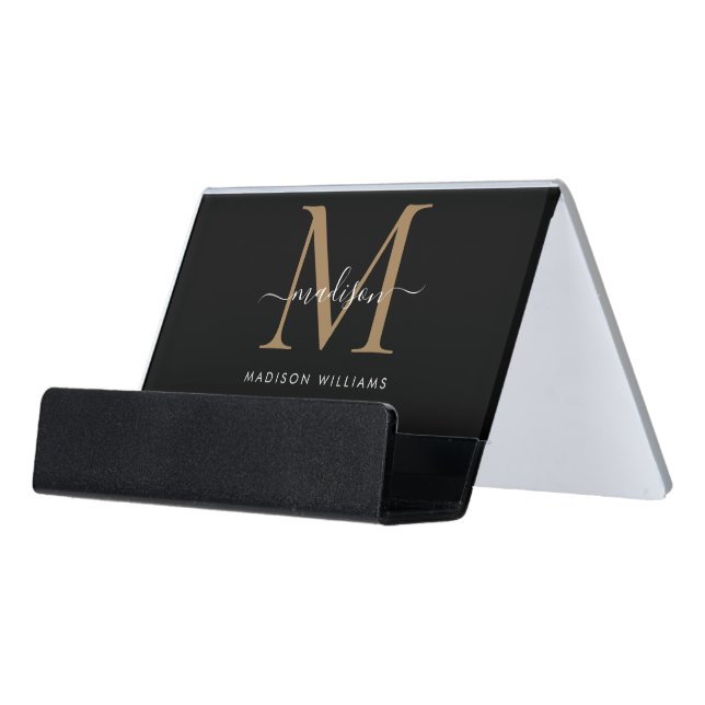 Elegant Black Gold Girly Monogram Script Name Desk Business Card Holder (Angled Front)