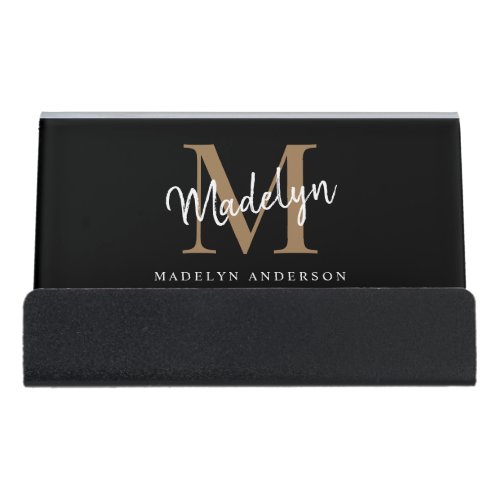 Elegant Black Gold Girly Monogram Script Name Desk Business Card Holder