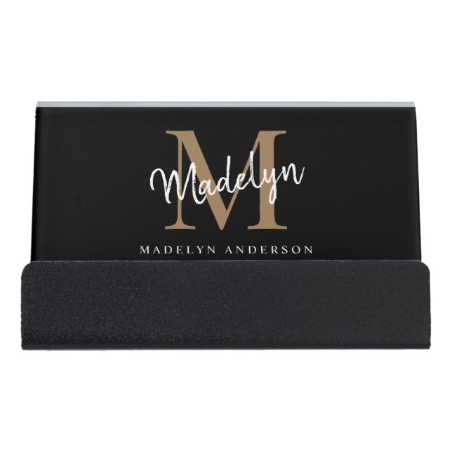 Elegant Black Gold Girly Monogram Script Name Desk Business Card Holder (Front)