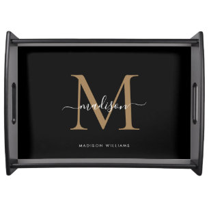 Elegant Black Gold Girly Monogram Script Name Serv Serving Tray