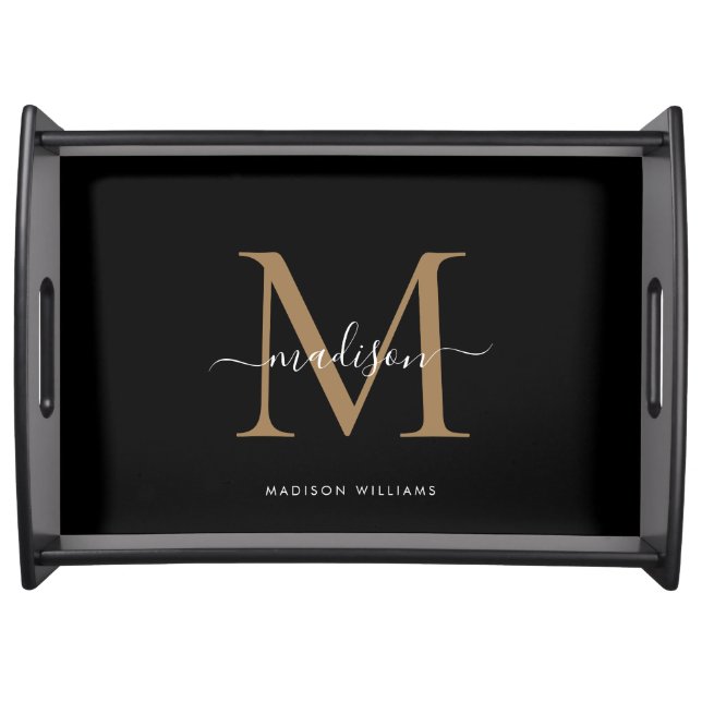 Elegant Black Gold Girly Monogram Script Name Serv Serving Tray (Front)