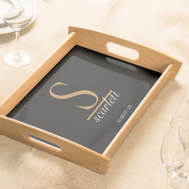 Elegant Black Gold Girly Monogram Script Name Serving Tray (Creator Uploaded)