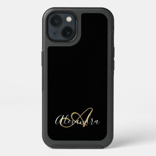 Elegant Black Gold Girly Script Monogram Name iPhone 13 Case