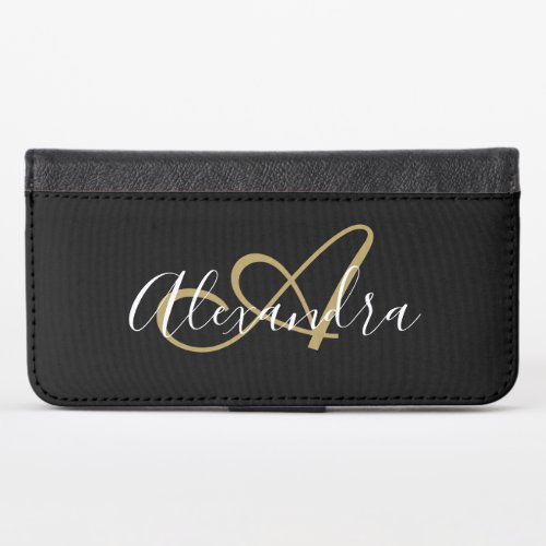 Elegant Black Gold Girly Script Name Monogram iPhone X Wallet Case