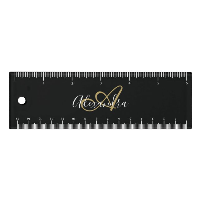  Elegant Black Gold Girly Script Name Monogram Ruler (Front)