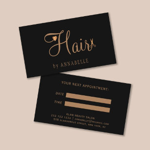 Elegant black gold glam hairstylist hair salon appointment card