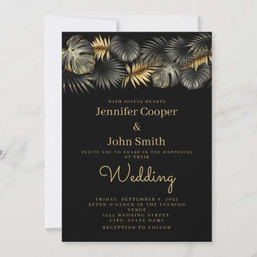 Elegant Black Gold Glam Tropical Leaf Wedding