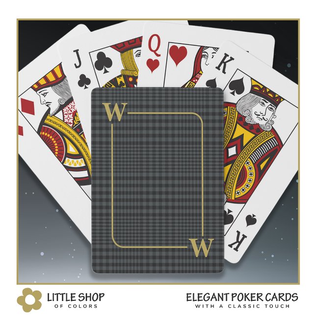 Elegant Black Gold Glen Plaid Monogram Initial Poker Cards (Creator Uploaded)