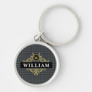 Elegant Black Gold Glen Plaid Monogram Keychain