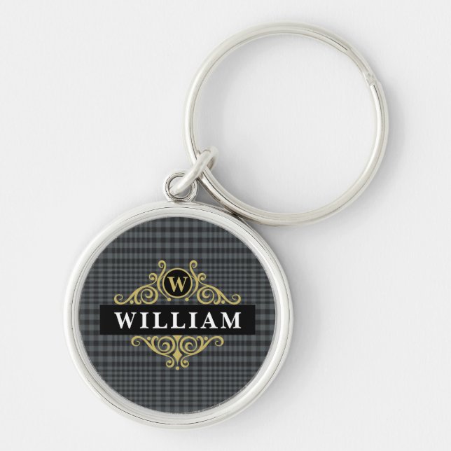 Elegant Black Gold Glen Plaid Monogram Keychain (Front)