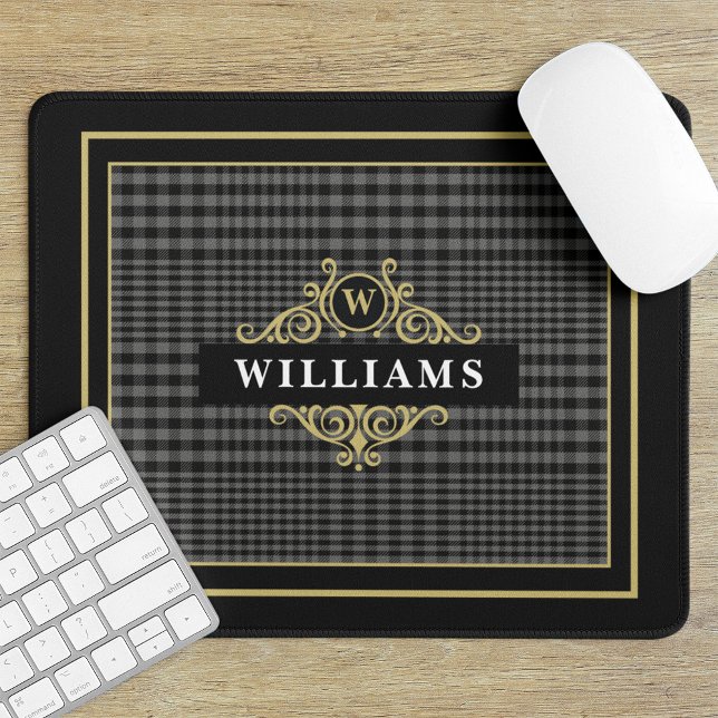 Elegant Black Gold Glen Plaid Monogram Mouse Pad (Creator Uploaded)