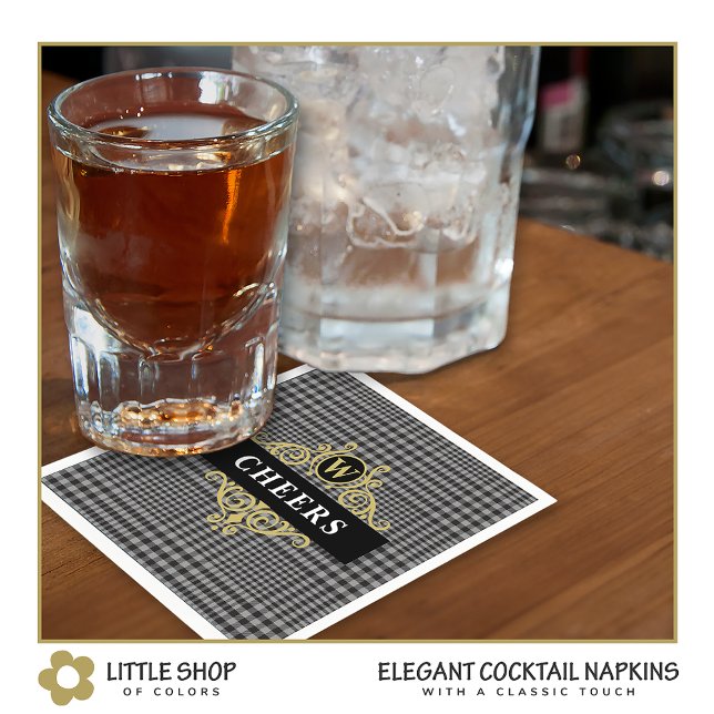 Elegant Black Gold Glen Plaid Monogram Napkins (Creator Uploaded)