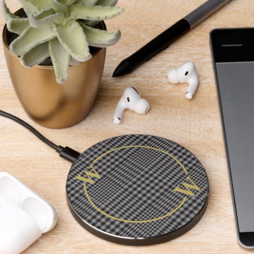 Elegant Black Gold Glen Plaid Monogram Wireless Charger