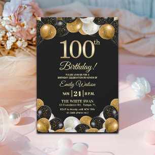 Elegant Black Gold Glitter 100th Birthday  Invitation