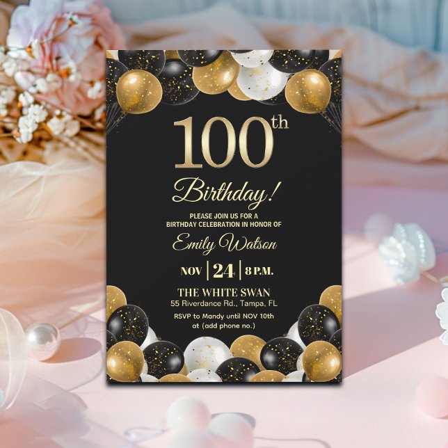 Elegant Black Gold Glitter 100th Birthday  Invitation (Creator Uploaded)