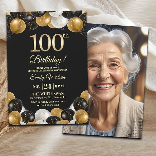 Elegant Black Gold Glitter 100th Birthday Photo