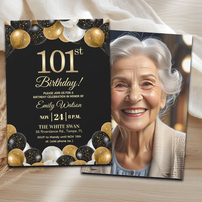 Elegant Black Gold Glitter 101st Birthday Photo Invitation (Creator Uploaded)