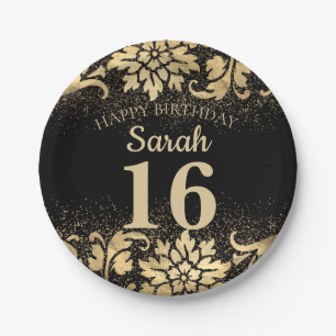 Elegant Black Gold Glitter 16th Birthday Paper Plates