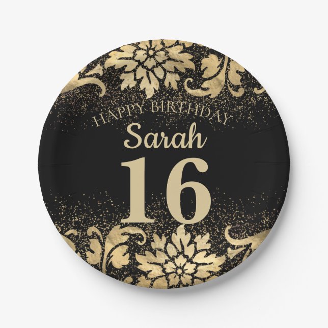 Elegant Black Gold Glitter 16th Birthday Paper Plates (Front)
