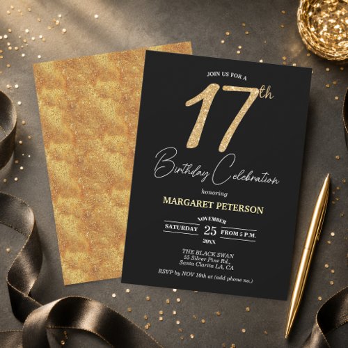 Elegant Black Gold Glitter 17th Birthday Party Invitation