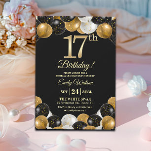 Elegant Black Gold Glitter 17th Birthday Party Invitation