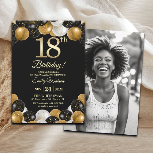 Elegant Black Gold Glitter 18th Birthday Photo