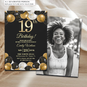 Elegant Black Gold Glitter 19th Birthday Photo Invitation