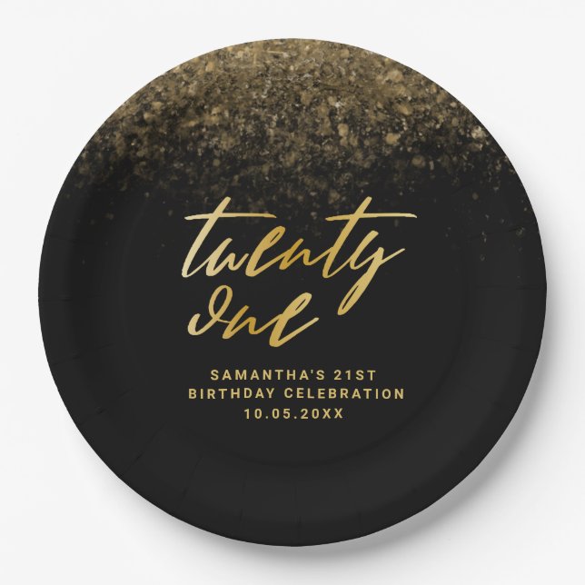 Elegant Black & Gold Glitter 21st Birthday Party Paper Plates (Front)