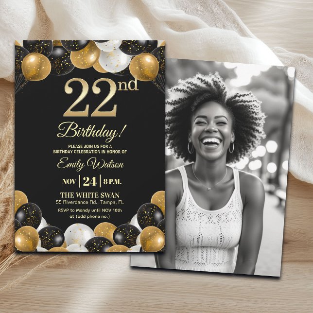 Elegant Black Gold Glitter 22nd Birthday Photo Invitation (Creator Uploaded)