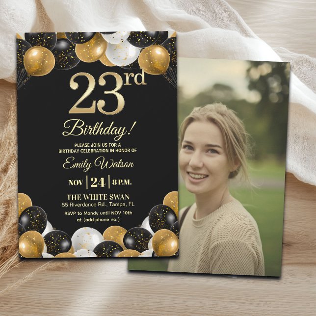 Elegant Black Gold Glitter 23rd Birthday Photo Invitation (Creator Uploaded)
