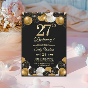 Elegant Black Gold Glitter 27th Birthday Party Invitation