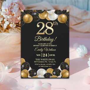 Elegant Black Gold Glitter 28th Birthday Party Invitation