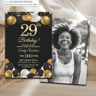 Elegant Black Gold Glitter 29th Birthday Photo Invitation