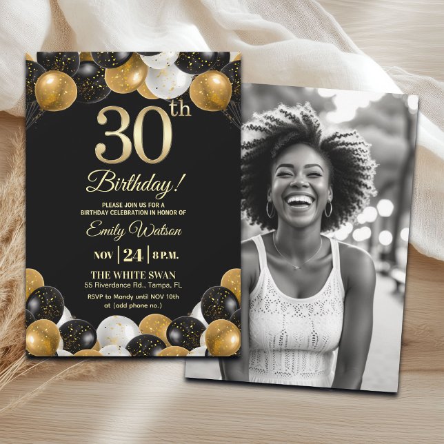 Elegant Black Gold Glitter 30th Birthday Photo Invitation (Creator Uploaded)