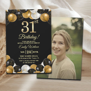 Elegant Black Gold Glitter 31st Birthday Photo Invitation