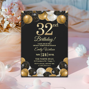 Elegant Black Gold Glitter 32nd Birthday Party Invitation