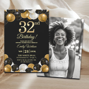 Elegant Black Gold Glitter 32nd Birthday Photo Invitation