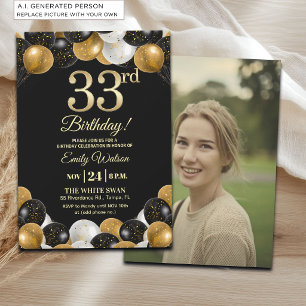 Elegant Black Gold Glitter 33rd Birthday Photo Invitation