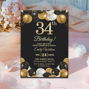 Elegant Black Gold Glitter 34th Birthday Party Invitation