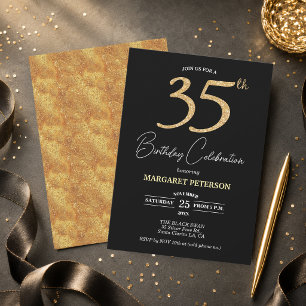 Elegant Black Gold Glitter 35th Birthday Party Invitation
