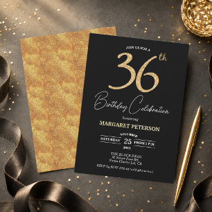 Elegant Black Gold Glitter 36th Birthday Party Invitation