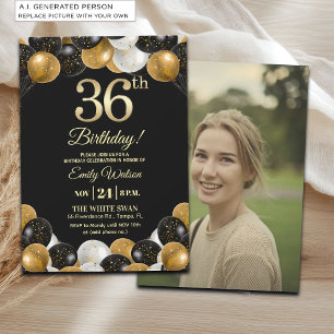 Elegant Black Gold Glitter 36th Birthday Photo Invitation