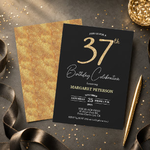 Elegant Black Gold Glitter 37th Birthday Party Invitation