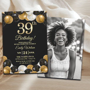 Elegant Black Gold Glitter 39th Birthday Photo Invitation