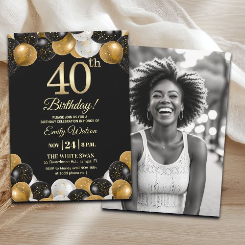 Elegant Black Gold Glitter 40th Birthday Photo