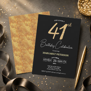 Elegant Black Gold Glitter 41st Birthday Party Invitation