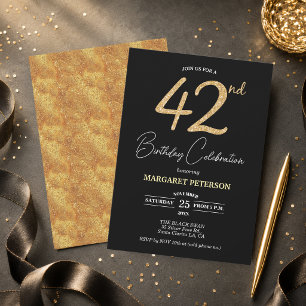 Elegant Black Gold Glitter 42nd Birthday Party Invitation