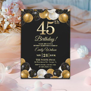 Elegant Black Gold Glitter 45th Birthday Party Invitation