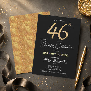 Elegant Black Gold Glitter 46th Birthday Party Invitation