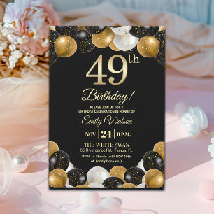 Elegant Black Gold Glitter 49th Birthday Party Invitation